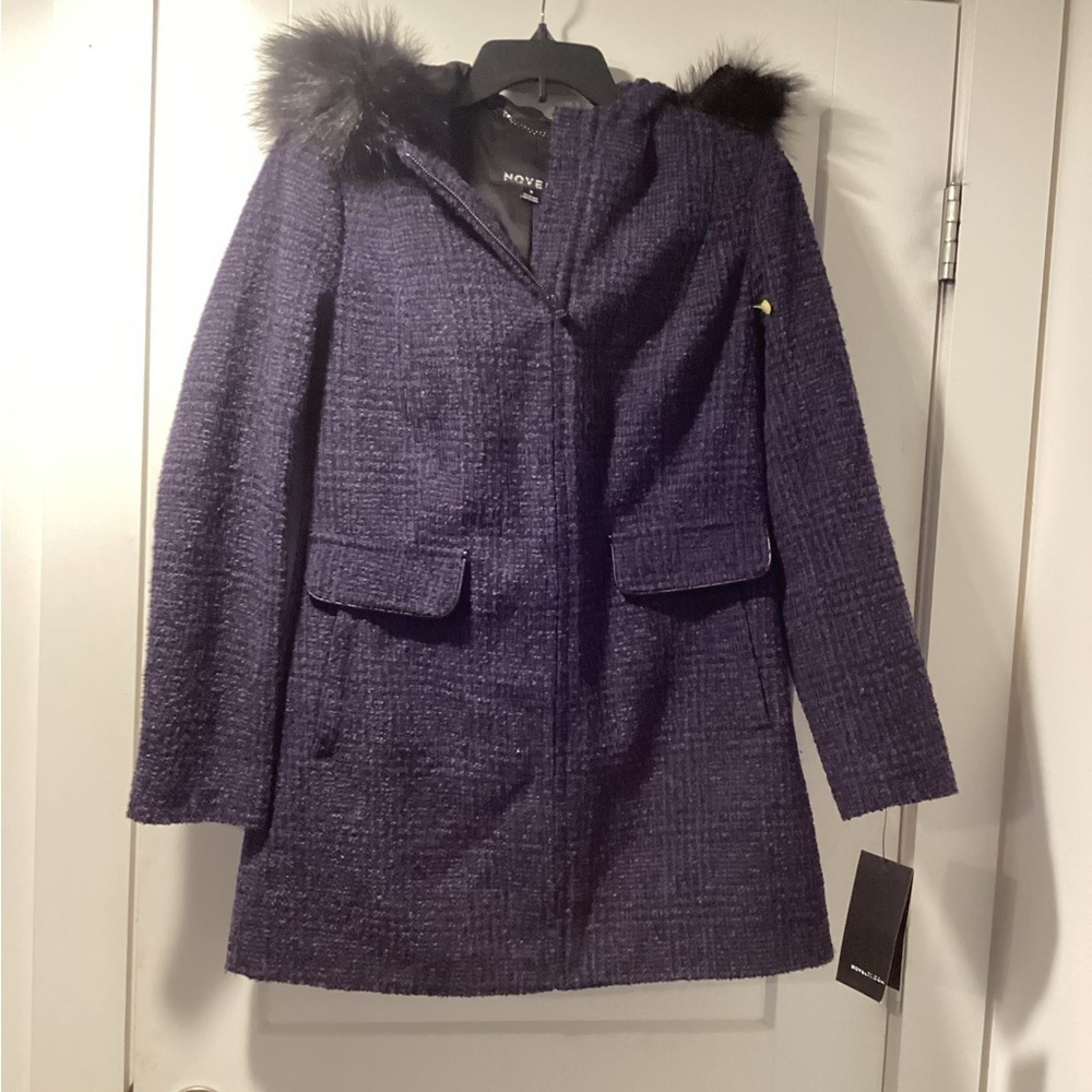 NWT Novelti Faux Fur‎ Trim Hooded Bouclé Plaid Jacket Size 8
